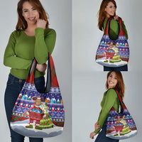 Liechtenstein Christmas Grocery Bag with Reindeer Character Holiday Village and Plaid Sleeves - undefined