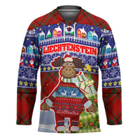 Liechtenstein Christmas Hockey Jersey with Reindeer Character Holiday Village and Plaid Sleeves - undefined