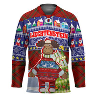 Liechtenstein Christmas Hockey Jersey with Reindeer Character Holiday Village and Plaid Sleeves - undefined