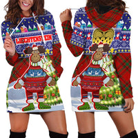 Liechtenstein Christmas Hoodie Dress with Reindeer Character Holiday Village and Plaid Sleeves - Wonder Print Shop