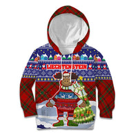 Liechtenstein Christmas Kid Hoodie with Reindeer Character Holiday Village and Plaid Sleeves - Wonder Print Shop