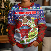 Liechtenstein Christmas Kid Ugly Christmas Sweater with Reindeer Character Holiday Village and Plaid Sleeves - Wonder Print Shop