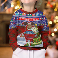 Liechtenstein Christmas Kid Ugly Christmas Sweater with Reindeer Character Holiday Village and Plaid Sleeves - Wonder Print Shop