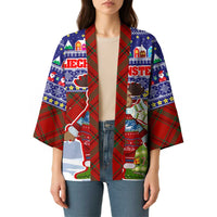 Liechtenstein Christmas Kimono with Reindeer Character Holiday Village and Plaid Sleeves - Wonder Print Shop
