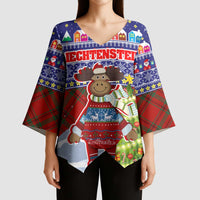 Liechtenstein Christmas Kimono Sleeve Blouse with Reindeer Character Holiday Village and Plaid Sleeves - Wonder Print Shop