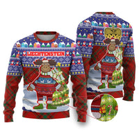 Liechtenstein Christmas Ugly Christmas Sweater with Reindeer Character Holiday Village and Plaid Sleeves - Wonder Print Shop