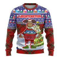 Liechtenstein Christmas Ugly Christmas Sweater with Reindeer Character Holiday Village and Plaid Sleeves - Wonder Print Shop