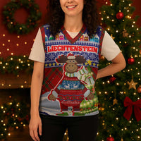 Liechtenstein Christmas Knitted V-Neck Vest with Reindeer Character Holiday Village and Plaid Sleeves - Wonder Print Shop