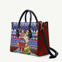 Liechtenstein Christmas Leather Bag with Reindeer Character Holiday Village and Plaid Sleeves - Wonder Print Shop