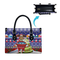 Liechtenstein Christmas Leather Bag with Reindeer Character Holiday Village and Plaid Sleeves - Wonder Print Shop