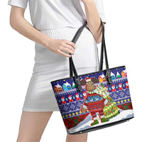 Liechtenstein Christmas Leather Tote Bag with Reindeer Character Holiday Village and Plaid Sleeves - Wonder Print Shop