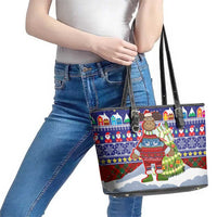 Liechtenstein Christmas Leather Tote Bag with Reindeer Character Holiday Village and Plaid Sleeves - Wonder Print Shop