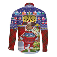 Liechtenstein Christmas Long Sleeve Button Shirt with Reindeer Character Holiday Village and Plaid Sleeves - Wonder Print Shop