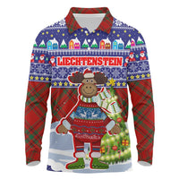 Liechtenstein Christmas Long Sleeve Polo Shirt with Reindeer Character Holiday Village and Plaid Sleeves - Wonder Print Shop