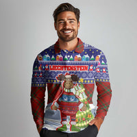 Liechtenstein Christmas Long Sleeve Polo Shirt with Reindeer Character Holiday Village and Plaid Sleeves - Wonder Print Shop