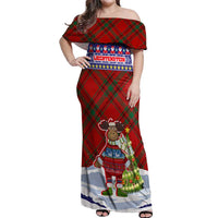 Liechtenstein Christmas Off Shoulder Maxi Dress with Reindeer Character Holiday Village and Plaid Sleeves - Wonder Print Shop