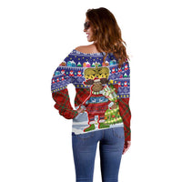 Liechtenstein Christmas Off Shoulder Sweater with Reindeer Character Holiday Village and Plaid Sleeves - Wonder Print Shop