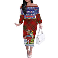 Liechtenstein Christmas Off The Shoulder Long Sleeve Dress with Reindeer Character Holiday Village and Plaid Sleeves - Wonder Print Shop