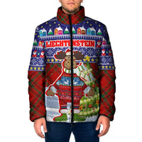 Liechtenstein Christmas Padded Jacket with Reindeer Character Holiday Village and Plaid Sleeves - Wonder Print Shop