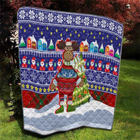 Liechtenstein Christmas Quilt with Reindeer Character Holiday Village and Plaid Sleeves - Wonder Print Shop