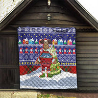 Liechtenstein Christmas Quilt with Reindeer Character Holiday Village and Plaid Sleeves - Wonder Print Shop