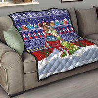 Liechtenstein Christmas Quilt with Reindeer Character Holiday Village and Plaid Sleeves - Wonder Print Shop