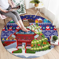 Liechtenstein Christmas Round Carpet with Reindeer Character Holiday Village and Plaid Sleeves - Wonder Print Shop