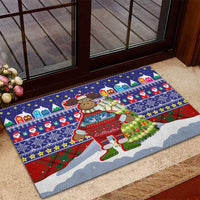 Liechtenstein Christmas Rubber Doormat with Reindeer Character Holiday Village and Plaid Sleeves - Wonder Print Shop