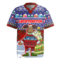 Liechtenstein Christmas Rugby Jersey with Reindeer Character Holiday Village and Plaid Sleeves - Wonder Print Shop