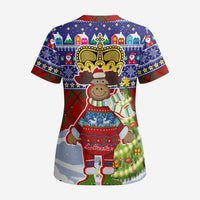 Liechtenstein Christmas Scrub Top with Reindeer Character Holiday Village and Plaid Sleeves - Wonder Print Shop