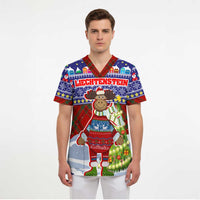 Liechtenstein Christmas Scrub Top with Reindeer Character Holiday Village and Plaid Sleeves - Wonder Print Shop
