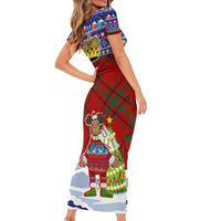 Liechtenstein Christmas Short Sleeve Bodycon Dress with Reindeer Character Holiday Village and Plaid Sleeves - Wonder Print Shop