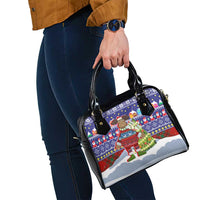 Liechtenstein Christmas Shoulder Handbag with Reindeer Character Holiday Village and Plaid Sleeves - Wonder Print Shop