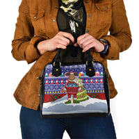 Liechtenstein Christmas Shoulder Handbag with Reindeer Character Holiday Village and Plaid Sleeves - Wonder Print Shop