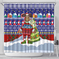 Liechtenstein Christmas Shower Curtain with Reindeer Character Holiday Village and Plaid Sleeves - Wonder Print Shop