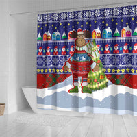 Liechtenstein Christmas Shower Curtain with Reindeer Character Holiday Village and Plaid Sleeves - Wonder Print Shop