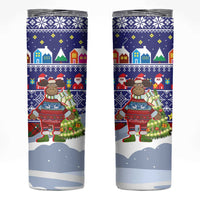 Liechtenstein Christmas Skinny Tumbler with Reindeer Character Holiday Village and Plaid Sleeves - Wonder Print Shop