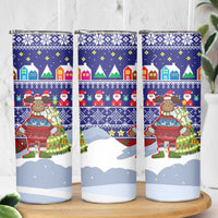 Liechtenstein Christmas Skinny Tumbler with Reindeer Character Holiday Village and Plaid Sleeves - Wonder Print Shop