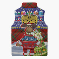 Liechtenstein Christmas Sleeveless Puffer Jacket with Reindeer Character Holiday Village and Plaid Sleeves - Wonder Print Shop