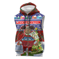 Liechtenstein Christmas Sleeveless Zip Hoodie with Reindeer Character Holiday Village and Plaid Sleeves - Wonder Print Shop