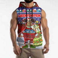 Liechtenstein Christmas Sleeveless Zip Hoodie with Reindeer Character Holiday Village and Plaid Sleeves - Wonder Print Shop