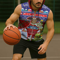 Liechtenstein Christmas Sleeveless Zip Hoodie with Reindeer Character Holiday Village and Plaid Sleeves - Wonder Print Shop