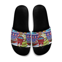 Liechtenstein Christmas Slide Sandals with Reindeer Character Holiday Village and Plaid Sleeves - Wonder Print Shop