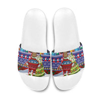 Liechtenstein Christmas Slide Sandals with Reindeer Character Holiday Village and Plaid Sleeves - Wonder Print Shop