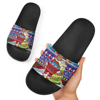 Liechtenstein Christmas Slide Sandals with Reindeer Character Holiday Village and Plaid Sleeves - Wonder Print Shop