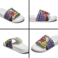 Liechtenstein Christmas Slide Sandals with Reindeer Character Holiday Village and Plaid Sleeves - Wonder Print Shop