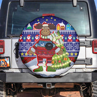 Liechtenstein Christmas Spare Tire Cover with Reindeer Character Holiday Village and Plaid Sleeves - Wonder Print Shop