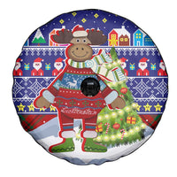 Liechtenstein Christmas Spare Tire Cover with Reindeer Character Holiday Village and Plaid Sleeves - Wonder Print Shop