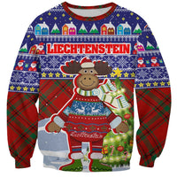 Liechtenstein Christmas Sweatshirt with Reindeer Character Holiday Village and Plaid Sleeves - Wonder Print Shop