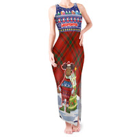 Liechtenstein Christmas Tank Maxi Dress with Reindeer Character Holiday Village and Plaid Sleeves - Wonder Print Shop